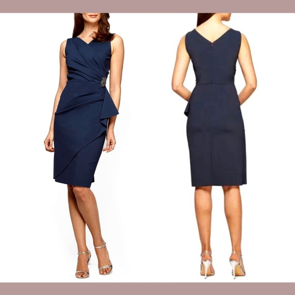 NEW Alex Evenings [ 12 ] Side Ruched Cocktail‎ Dress in Navy Blue